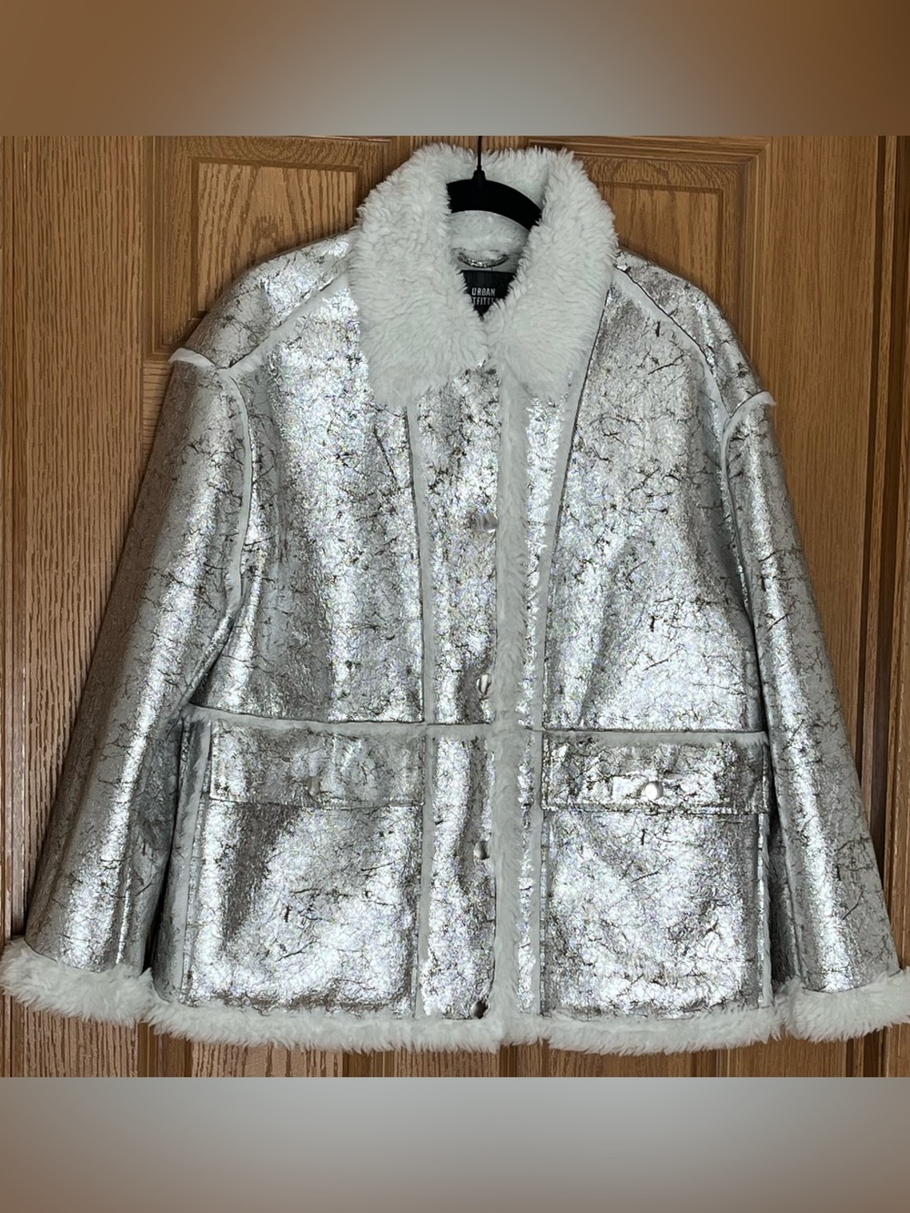 Urban Outfitters Metallic Silver Shearling-Trim Jacket
